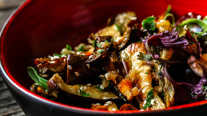 spicy stewed Eggplants with paprika, carrot, onion and garlic in Korean, Long banner format, top view