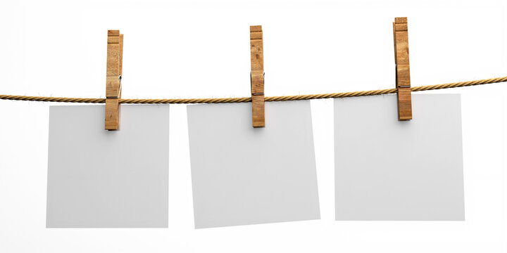 Blank cards on rope with wooden clothespins isolated cutout on white background. 3d illustration