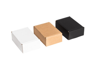 Set of black, brown and white cardboard flat postal boxes, isolated