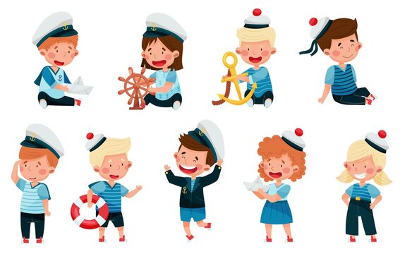 Little Children in Mariner Costume and Forage Cap or Peakless Hat Playing Sailor Vector Illustration Set