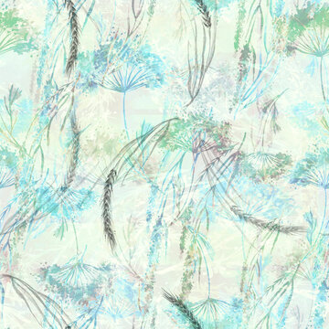 Watercolor seamless abstract background, pattern. Vintage seamless watercolor pattern of plants. Herbs, flowers, dried flowers, grass.
spikelet, branch,dandelion. Spikelet of wheat, cereal plants