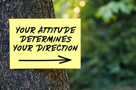 Your attitude determines your direction message written on paper on a tree in nature. Inspirational or motivational quote.