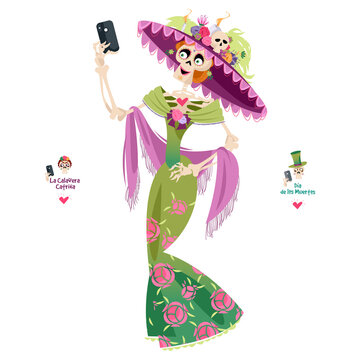 Skeleton dressed in a holiday clothes takes a selfie. La Calavera Catrina. Dia de Muertos (Day of the Dead).