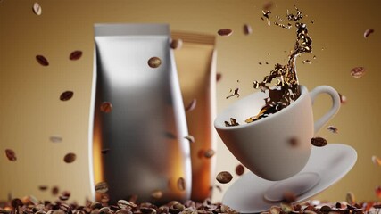 Hot cup of coffee in fall with splash against background of scattered natural roasted coffee beans and two luxurious hermetic packs of coffee in gold and silver colors. 3d animation,promotional video