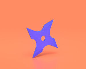 Plastic ninja star toy , indigo blue hunting and adventure weapon on pinkish orange background, 3d rendering