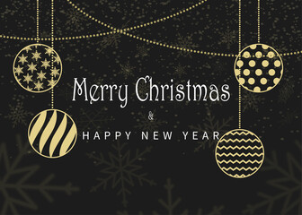 Merry Christmas and Happy New Year gold glittering design. Xmas background with golden decoration. Christmas lettering and decoration with snowflakes. Vector Christmas illustration.