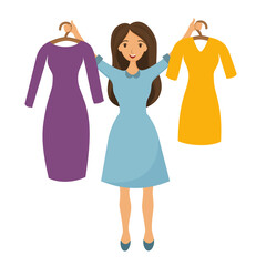 Woman with clothes. Girl is trying on new dresses. vector illustration.