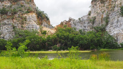 Khao ngu stone park with lake at Ratchaburi, Thailand