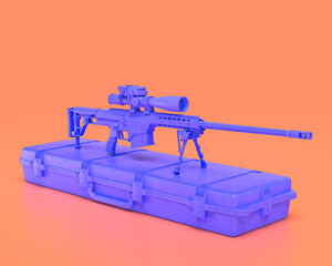 Plastic Weapon series,  sniper rifle with box, Indigo blue arm in pinkish background, 3d rendering, war, battle and self protection, first person shooter game item