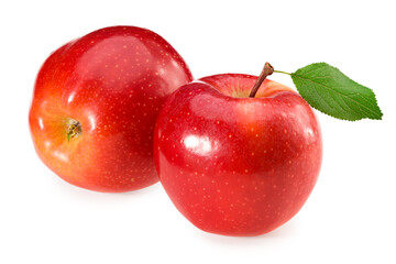 red apples with green leaves isolated on a white background