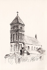 Pen drawing of Eastern European  Catholic Cathedral in Renaissance architecture style. Great for wallpaper, easter gift package, backgrounds decoration. Church of Saint Nicolas in Mir Belarus.