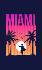 T-shirt Design with Miami Landscape | Apparel Template with Palms, Beach and Surfer - obrazy, fototapety, plakaty