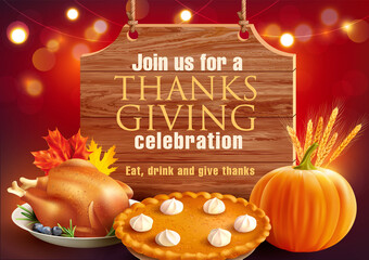 Design template for Thanksgiving celebration advertisement with traditional dishes. Vector illustration.