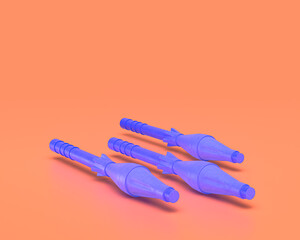 Plastic Weapon series, RPG rocket, Indigo blue arm in pinkish background, 3d rendering, war, battle and self protection, first person shooter game item