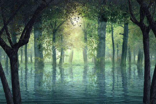 Haunted forest with lake and sunlight background © Leo Lintang