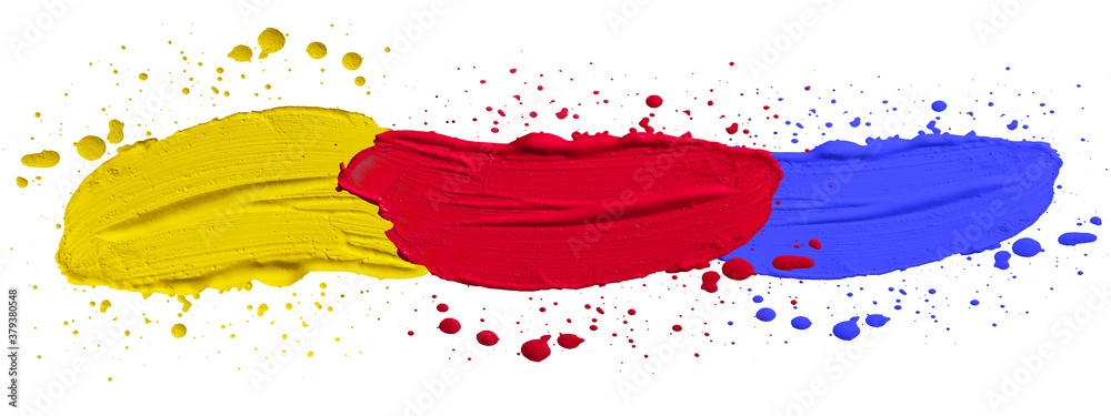 Poster primary color / acrylic paint background banner panorama - abstract stroke / splash stains blobs bru