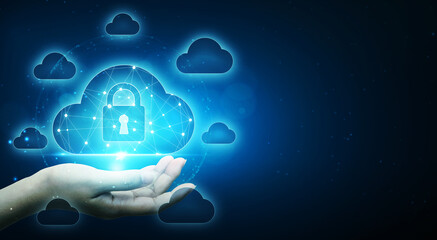 Cloud computing and technology network connection concept. Businessman hand holding cloud server protect data device