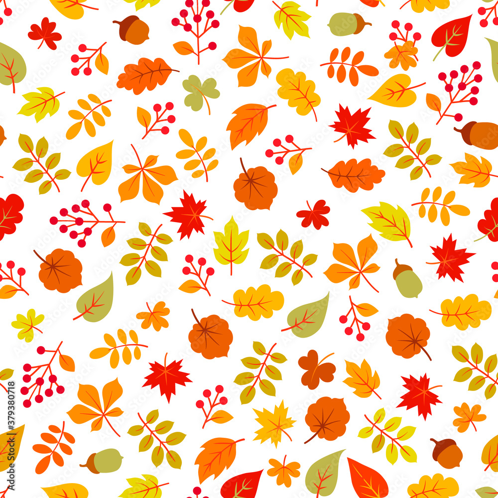 Wall mural autumn leaves seamless pattern. leaf icon set in ornamental tile background. fall nature backdrop in