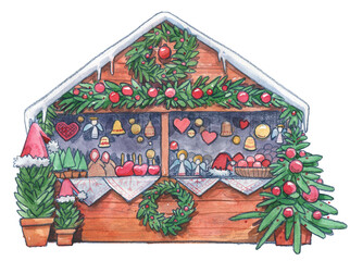 Christmas fair holiday house new year wreath tree winter angel decoration postcard illustration isolated