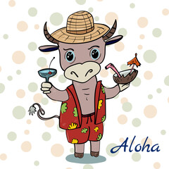 Dear Bull in a shirt, Aloha style. Vector illustration for children.