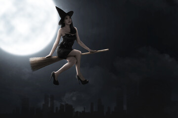 Asian witch woman with hat flying on a magic broomstick