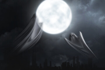 White ghost haunting with a night scene background