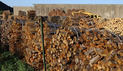 Bundles of chopped firewood outside the timber factory