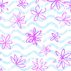 Seamless wave pattern with flowers. Stylish drawn floral backdrop. Abstract textured wavy ornament.