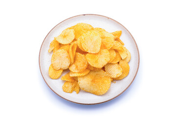 Potato chips in plate beautiful shape on white background