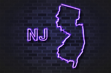New Jersey map glowing neon lamp or glass tube on a black brick wall