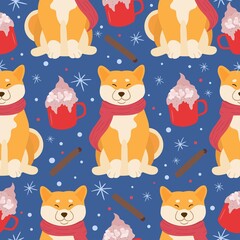 Winter seamless pattern with a cute dog and mugs with hot chocolate. Funny shiba inu in a warm scarf with snowflakes and cups. Vector illustration for wrapping paper, textile, wallpaper.
