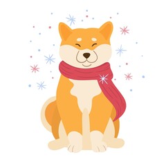 Cute puppy in winter scarf with snowflakes. Cartoon illustration of a dog. Vector isolated on white background. Design for greeting card, poster, banner.