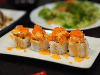 Salmon and Shrimp Roe Don rice japan on white plate, Japanese food