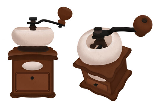 illustration vintage manual coffee grinder.Retro coffee machine with bowl and lever.Wooden coffee bean grinder with ceramic bowl.Hand-drawn texture  picture 
coffee mill. Traditional home appliances