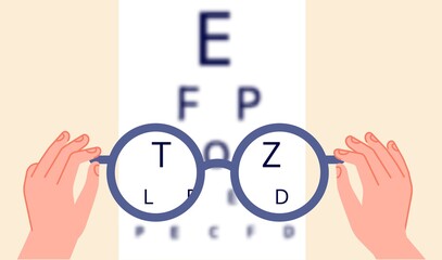 Vision health. Eye ophthalmologist test, glasses check up. Optometry testing board or blurred eyesight and optical focus vector illustration. Human vision, ophthalmologist examination and treatment