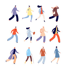 Fototapeta na wymiar Autumn people. Person in warm clothes, urban male characters dressed outerwear. Isolated flat fall seasonal crowd, man woman walk vector set. People in warm autumn clothes illustration