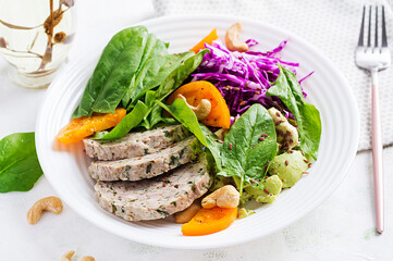 Ketogenic diet. Buddha bowl dish with meatloaf, chicken meat, avocado, cabbage and nuts. Detox and healthy concept. Keto food.