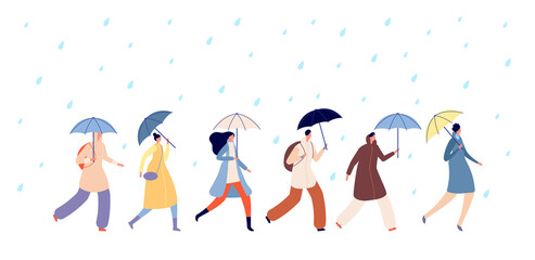 People walking rainy weather. Adult with umbrella, man girl walk on rain. Autumn season water drops, adult person go in storm vector. Season rain autumn, people with umbrella going illustration