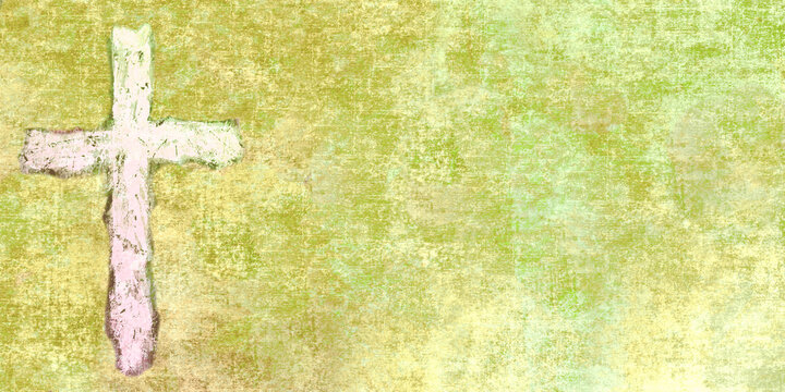 rough white cross on green and yellow grunge canvas