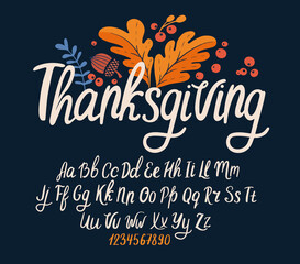 Font thanksgiving day. Typography alphabet with colorful autumn illustrations.