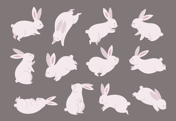 Mid autumn bunny. Chinese festival, rabbit modern character set. Asian funny flat holiday animals, oriental moon fest vector illustration. Bunny and rabbit, chinese mid autumn holiday