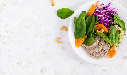Ketogenic diet. Buddha bowl dish with meatloaf, chicken meat, avocado, cabbage and nuts. Detox and healthy concept. Keto food. Overhead, top view, flat lay
