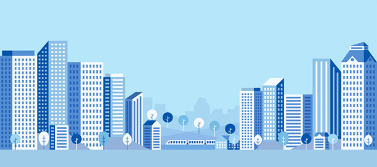 City landscape with buildings in blue. Heights, trees, workers' homes and office buildings. Abstract horizontal banner. Vector illustration.