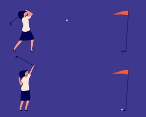 Business goal. Woman play in golf, successful project or investments metaphor. Manager golf club, ball hits target and girl win vector illustration. Girl win hiy precise target, successful playing