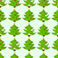 Fototapeta premium Cartoon decorated Christmas New Year winter trees with snow seamless pattern template. Holiday vector illustration on pastel green background for games, background, pattern, decor. Print for fabrics 