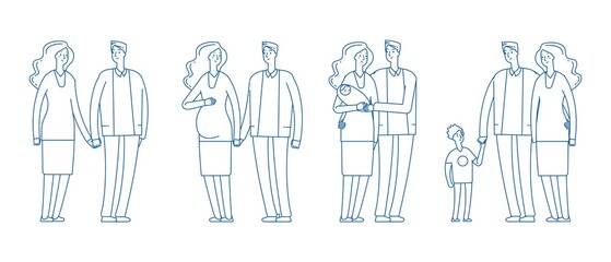 Family stages. Young couple, pregnancy parenthood. Adult man woman from dating to children. Happy parents vector illustration. Family couple with baby, father and motherhood together