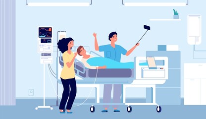 Friends in hospital. Patients, happy people doing selfie with their friend in bed. Guy recovering, visitors to clinic in ward vector illustration. Hospital rehabilitation, healthcare and recovery