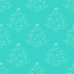 Cartoon decorated Christmas New Year winter trees with snow seamless pattern template. Holiday vector illustration in bright blue and white for games, background, pattern, decor. Print for fabrics 