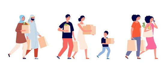 People with paper bags. Zero waste family, shopping time. Man woman holding cardboard boxes and packs vector set. People with eco zero waste, reuse package biodegradable illustration