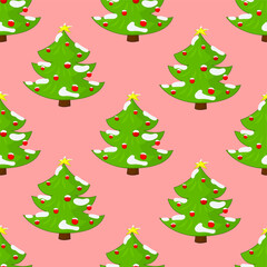 Cartoon decorated Christmas New Year winter trees with snow seamless pattern template. Holiday vector illustration on pastel peach background for games, background, pattern, decor. Print for fabrics 